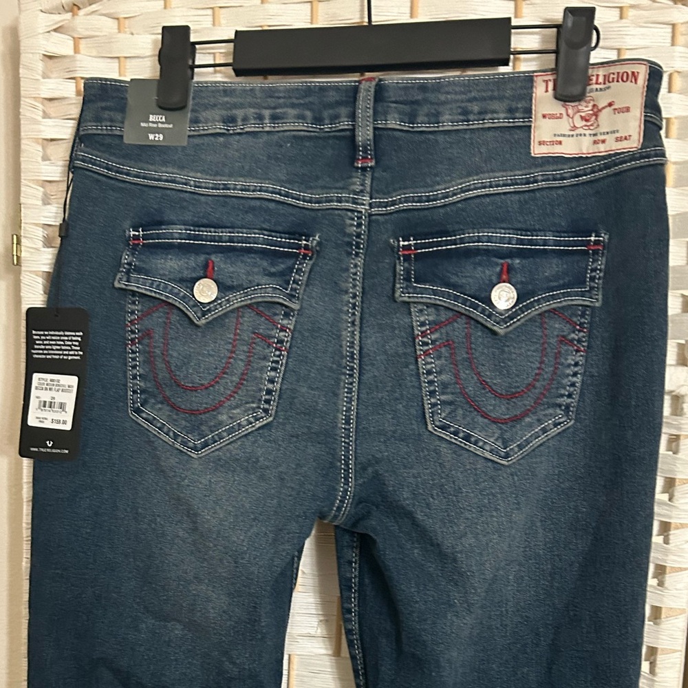 True Religion Blue Boot Cut Jeans with Red Accents